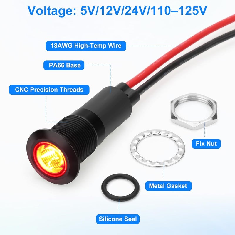 Linkstyle 4 قطع 12 مم (1/2") ضوء مؤشر LED، مصباح إشارة مقاوم للماء IP67، ملائم عالميًا بجهد 5V–125V مع رأس لوحة و سلك 18AWG (أخضر + أحمر) - Image 3